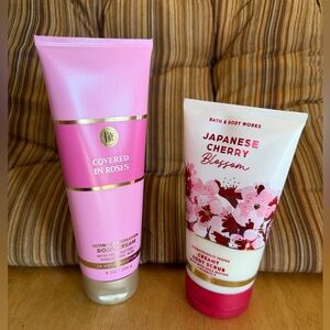 NEW:Bath& BodyWorks Japanese Cherry Blossom BodyScrub & Covered in Roses Cream.